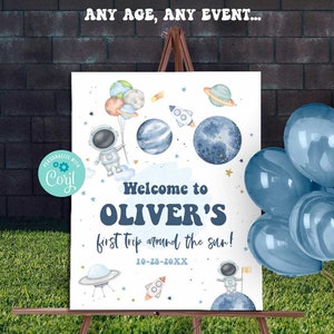 Outer Space Party Welcome Sign-Edit w Corjl-First Trip around the Sun-Two the Moon-Out of this world-First Birthday-AnyAge-Baby Shower-A198