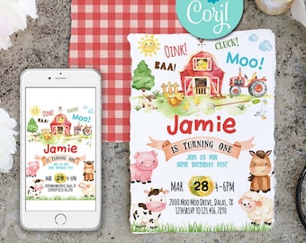 Farm Animals Birthday Invitation, Barnyard Party (Editable Digital Download)-235R