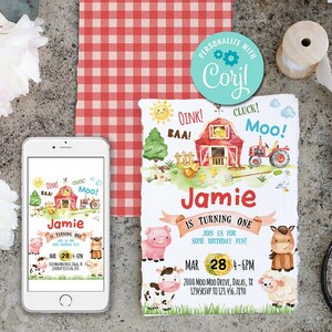 Farm Birthday Invitation-Self Edit w Corjl-Farm Party Invitation-Barnyard Party Invite-Farm Animal Party-First Birthday-Any Age-235 RED