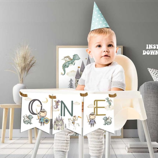 Knight First Birthday Highchair Banner-Instant Download-Once Upon A Time-Knights Dragons-Castle Royal 1ST-Medieval First Birthday-A202