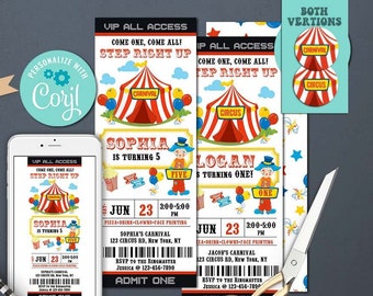 CIRCUS Birthday Invitation-Self Edit w Corjl-Carnival invitation-Circus Party-Carnival Party-Carnival Ticket-First Birthday-AnyAge-A116-CT2