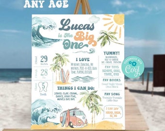 Surfing Birthday Milestone Poster-The BIG ONE Birthday-Self Edit w Corjl-Surf&#39;s Up First Birthday-Pool-Surf Wave First Birthday-Any Age-A195