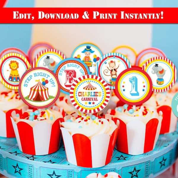 CIRCUS Birthday Cupcake Toppers w Free Wrappers-Self Edit Corjl-Carnival Party Circles-Food Decoration-Carnival First Birthday-Any Age-A116