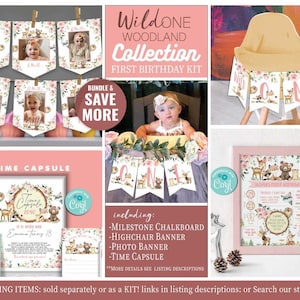 Kit de decoração para o primeiro aniversário da Woodland - Autoedição - Corjl - Pôster de marco - Highchiar - Banner com foto - Cápsula do tempo - Festa floral da Woodland - ONE-A189
