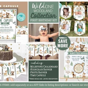 Woodland First Birthday Decoration Kit-Self-Edit w Corjl-Woodland Party-Milestone-Photo Banner-Highchair-Time-Capsule-Bundle-Wild One-A152