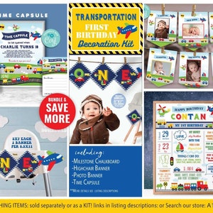 Kit de decoração para o primeiro aniversário de transporte - Pôster de quadro-negro com marcos - Cápsula do tempo - Cadeirinha alta e banner com foto - Autoedição com Corjl - Carro - A109-W