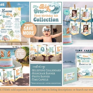 Kit de decoração para o primeiro aniversário The BIG ONE - Autoedição com Corjl - Pôster de marco - Cápsula do tempo - Cadeira alta - Banner com fotos - Surfando - Piscina - Surfe - A195