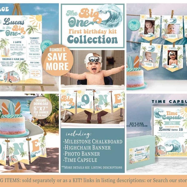 The BIG ONE First Birthday Decoration Kit-Self Edit w Corjl-Milestone Poster-Time Capsule-Hightchair-Photo Banner-Surfs Up-Pool-Surfing-A195