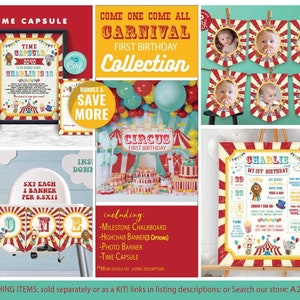 Vintage Carnival First Birthday Decoration Kit-Corjl-Circus Party-Milestone-Time Capsule-Photo Banner-Highchair Banner-First Birthday-A226