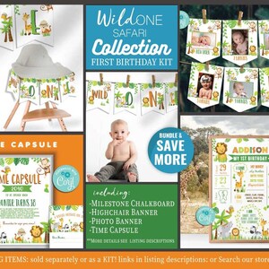 Kit de decoração de primeiro aniversário Safari - Autoedição com Corjl - Pôster de marco - Cápsula do tempo - Cadeira alta - Foto - Faixa - Festa Safari - Primeiro aniversário - A146