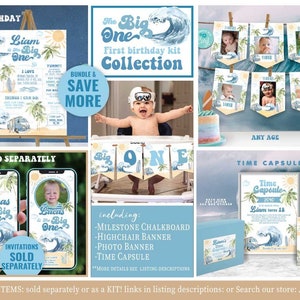 Kit de decoração para o primeiro aniversário The BIG ONE - Autoedição Corjl - Pôster de marco - Cápsula do tempo - Cadeira de balanço - Banner com fotos - Surfando - Piscina - Surfe - A195B