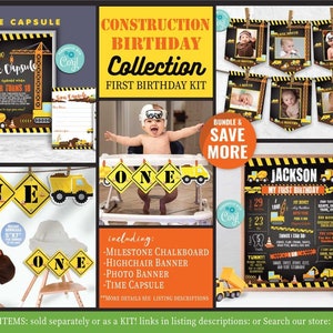 Kit de decoração para o primeiro aniversário da construção - pôster de marco - cápsula do tempo - cadeira alta e banner de fotos - autoedição com Corjl - caminhão basculante - somente o primeiro - A103