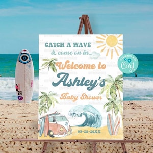 Baby on Board Surfing Baby Shower Welcome Sign-Self Edit Corjl-Surf&#39;s Up Welcome Decoration-Pool Party-Beach Party-Surfing Wave Surf-B446