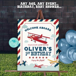 Placa de boas-vindas para festa de avião vintage - Autoedição com Corjl - Pôster de decoração de boas-vindas de aniversário de avião - Primeiro aniversário - Qualquer idade - Chá de bebê - A105