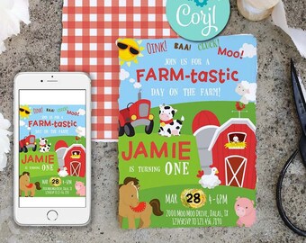 Farm Birthday Invitation-Self Edit Corjl-Farm Party Invitation-Barnyard Party Invite-Farm Animal Party--Zoo-First Birthday-Any Age-111R