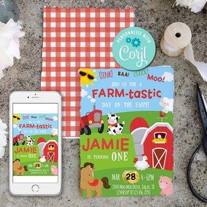 Peut inclure: Une invitation d'anniversaire sur le th&egrave;me de la ferme color&eacute;e avec un tracteur rouge, une grange et des animaux de la ferme. L'invitation indique "Rejoignez-nous pour une journ&eacute;e &agrave; la ferme extraordinaire !" et est pour le premier anniversaire de Jamie. L'invitation est personnalis&eacute;e avec le nom "Coryl".