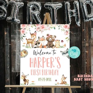 Cartello di benvenuto per festa nel bosco - Auto-modifica con Corjl - Cartello di benvenuto per compleanno nel bosco - Volpe - Orso - Cervo - Gufo - Primo compleanno - Qualsiasi età - Baby Shower - A189-B441