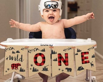 Lumberjack First Birthday Highchair Banner-Instant Download-Wild ONE-Rustic Lumberjack Party-Buffalo Plaid-Bear-Deer-1st Birthday-A145-c