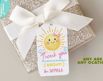 Etiquetas para recuerdos de cumpleaños con diseño de sol, decoración para baby shower (descarga digital editable) - A159