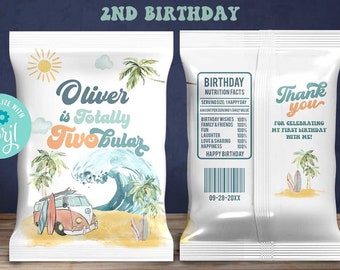 Plantilla de bolsa de chips de cumpleaños totalmente DOS-bular-Autoedición con Corjl-Surf's Up 2nd Birthday Snack Bag-Pool-70s Van-Splash plish-Surfing Wave-A195