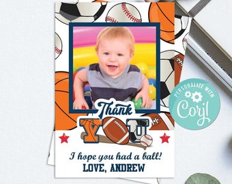 All Star Sport Party Thank You Card-Edit w Corjl-Sports Birthday-Baby Shower-Football-Baseball-Basketball-First Birthday-Any Age-A136-B423