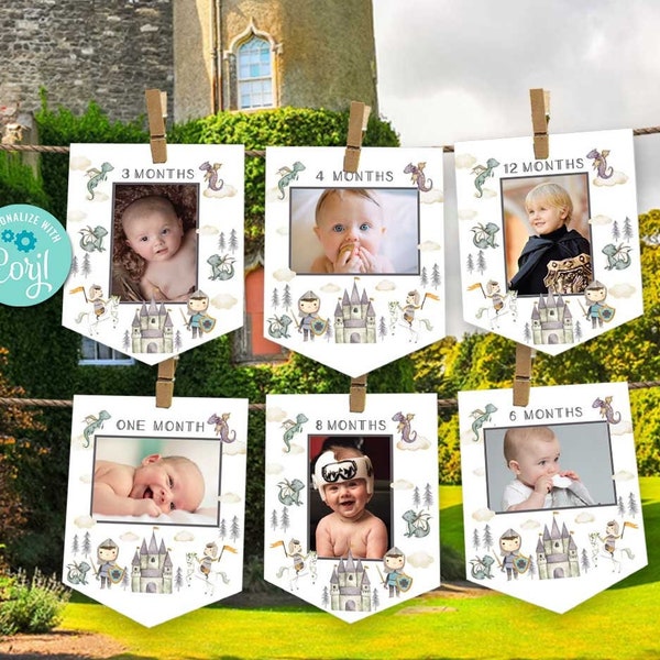 Knight Birthday Photo Banners-Self Edit Corjl-Once Upon A Time-Knights Dragons-Prince-Castle Royal-Medieval First Birthday-AnyAge-A202