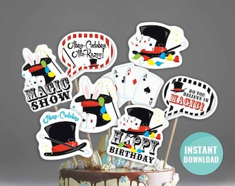 May include: A set of printable cake toppers featuring a magic show theme. The toppers include a magician's hat, playing cards, a rabbit, and the text "Abra-Cadabra Alla-Razoo!" "Magic Show" "Do You Believe in Magic!" and "Happy Birthday".