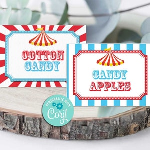 Labels voor voedseltenten carnavalsfeest: zelf bewerken met Corjl-CIRCUS-feestvoedseltenten-minibedankje-eerste circusverjaardag-AnyAge-Babyshower-A116