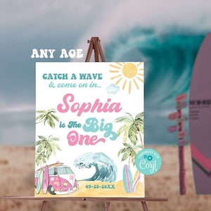The BIG ONE Party Welcome Sign-Corjl-Pink Surfs Up Birthday-Pool-Beach-Wave-Surfing-surfboard-First Birthday ONLY Welcome Sign-A199