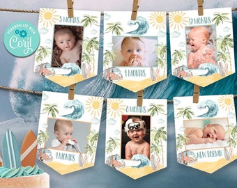 Surfing First Birthday Photo Banner, Beach Party Decorations  (Editable Digital Download)-A195