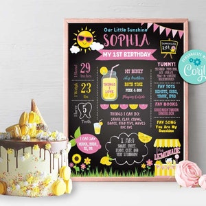Lemonade Milestone Chalkboard-Edit w Corjl-Sunshine Lemonade Birthday Poster-Lemonade Stand-Pink Lemonade First Birthday-AnyAge-A160-16x20-C