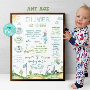 Póster de cumpleaños con hoyo en uno de golf, autoedición, Corjl, cumpleaños de golf, golf, par, hora de salida, baby shower de golf, primer cumpleaños, cualquier edad, A205