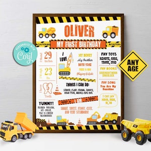 Pizarra con hitos de cumpleaños de construcción: autoedición con Corjl, fiesta de camiones volquete, decoración con póster de bienvenida, primer cumpleaños, cualquier edad, A103, CW, 16 x 20