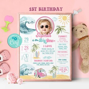 Peut inclure: Une affiche colorée pour un premier anniversaire sur le thème de la plage. L'affiche présente une photo d'une petite fille portant des lunettes de soleil, ainsi que des détails sur sa première année, notamment sa taille, son poids et ses choses préférées. L'affiche est décorée de palmiers, de planches de surf et d'un van rose et blanc.
