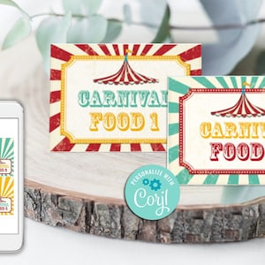 Vintage Circus Party Voedsel Tent Label Plaats Kaart-Corjl-Carnaval-3 Ring Circus Party-Babyshower-Eerste Verjaardag-Elke Leeftijd-Babyshower-A226
