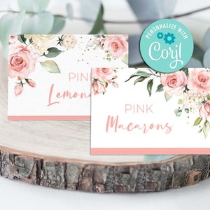 Tendas de comida de flores - Cartão de lugar - Autoedição com Corjl - Primeiro aniversário - Qualquer idade - Chá de bebê - Chá de panela floral - Miss ONE_derful - Etiquetas de comida - A188-F