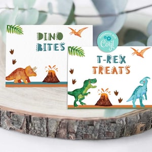 Tendas de comida para festa de dinossauro - Autoedição com Corjl - Aniversário de dinossauro - Chá de bebê - Cartões de lugar para festa de dinossauro - Primeiro aniversário de dinossauro - Qualquer idade - A200