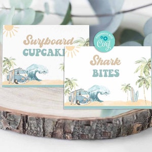 Surfing Party Food Tents-Self Edit w Corjl-The BIG ONE Birthday Food Label-Surf&#39;s Up-Pool-Surf Wave-Baby shower-First Birthday-AnyAge-S195S