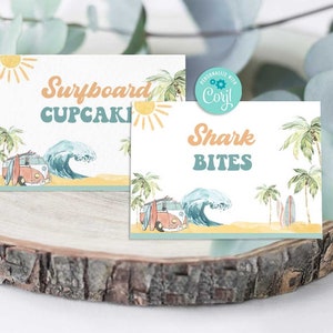 Etenstenten voor surffeest: zelf bewerken met Corjl-The BIG ONE Birthday Food Label-Surf's Up-Pool-Surf Wave-Babyshower-Eerste verjaardag-AnyAge-A195