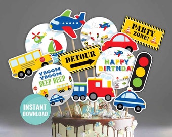 May include: A set of 10 printable cake toppers featuring a yellow school bus, a red car, a blue airplane, a red train, a blue police car, a traffic light, a stop sign, a detour sign, a round sign that says "Vroom Vroom Beep Beep", and a round sign that says "Happy Birthday".