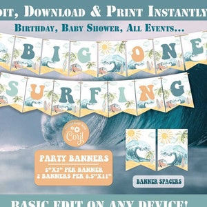 Surfing Party Banners-Self Edit w Corjl-The BIG ONE Birthday Banner-Surf's Up-Pool-Surf Wave-Baby shower-First Birthday-Any Age-A195-B446