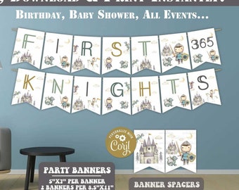 Ritter-Party-Banner – Geburtstag – Corjl – Es war einmal – Ritter, Drachen – Saft – Schloss Royal 1. – Mittelalterlicher erster Geburtstag – AnyAge – Babyparty – A202