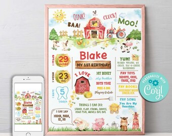 Farm Birthday Milestone Chalkboard Poster: Barnyard Party Decor (Self Edit, 18"x24")