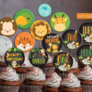 Wild One Safari Birthday Cupcake Toppers-Corjl-Safari Party Decorations-Safari Party-Two Wild-Zoo-Animal-Lion-Tiger-Monkey-Elephant-A147