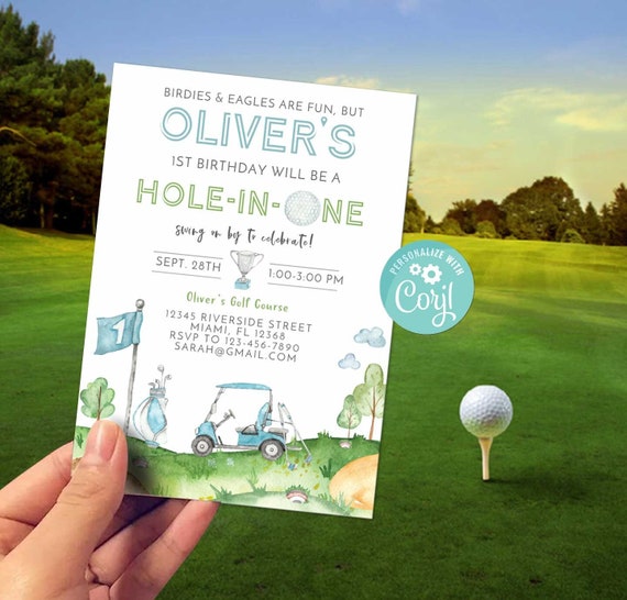 Golf Hole in One Birthday Invitation-SelfEdit Corjl-Golf Birthday-Golf Invite-Par-Tee Time-Golfing Baby Shower-First Birthday-Any Age-A205