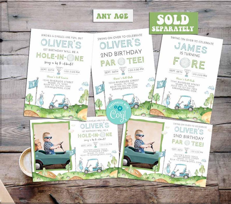 May include: A set of four printable golf-themed birthday invitations for a boy. The invitations feature a green golf course with a golf cart, flags, and a golf ball. The text on the invitations says "Oliver's 1st Birthday Hole-in-One" and "Oliver's 2nd Birthday Par Tee!"