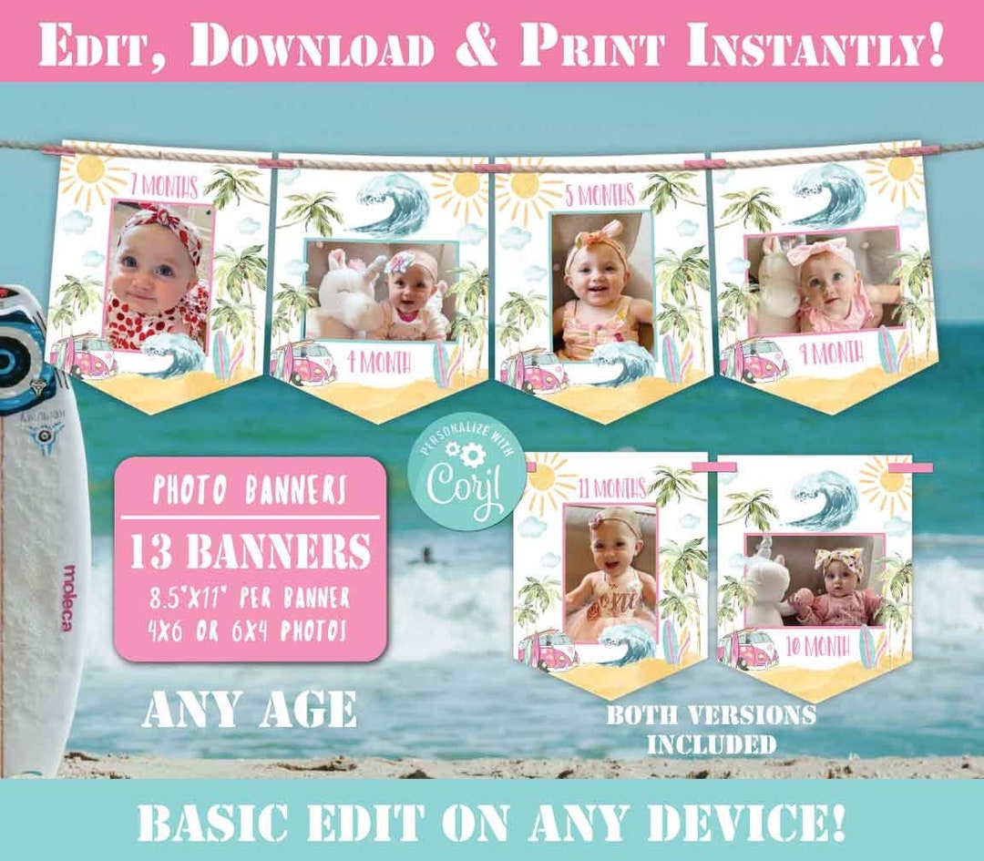 The BIG ONE Birthday Photo Banners-edit W Corjl-pink Surfs up First ...