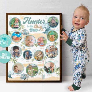 May include: A personalized first birthday poster with a beach theme. The poster features a photo collage of a baby boy in different outfits and settings. The text "Hunter is the Big One" is written in a retro font.