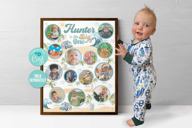 May include: A personalized first birthday poster with a beach theme. The poster features a photo collage of a baby boy in different outfits and settings. The text "Hunter is the Big One" is written in a retro font.