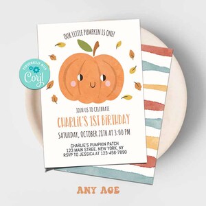 Invitación de cumpleaños de calabaza - Corjl - Invitación para fiesta de calabazas - Huerto de calabazas - Calabaza pequeña - Cumpleaños de otoño - Primer cumpleaños - Cualquier edad - Baby Shower - A232-b